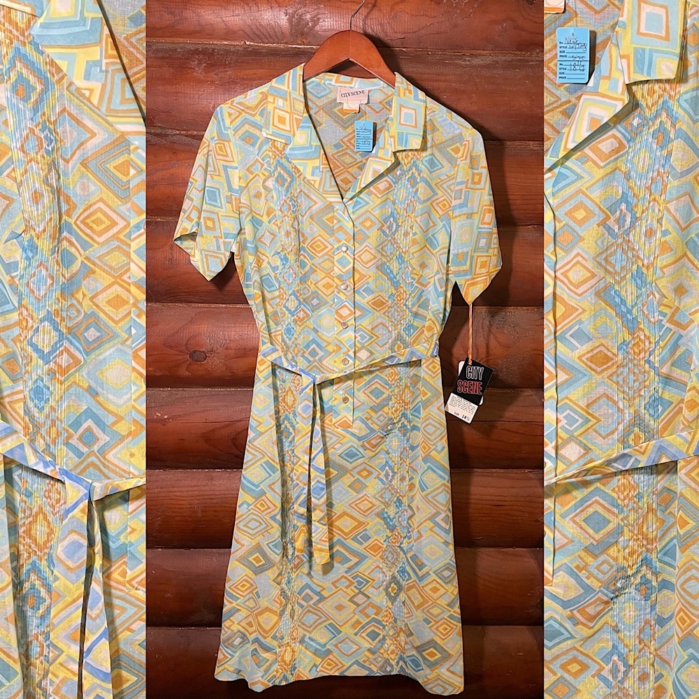 Vintage Geometric Sheer Tie Waist Shirt Dress